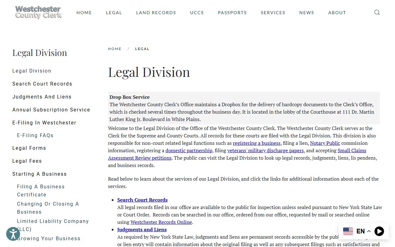 Westchester County Clerk Legal Division page for court records