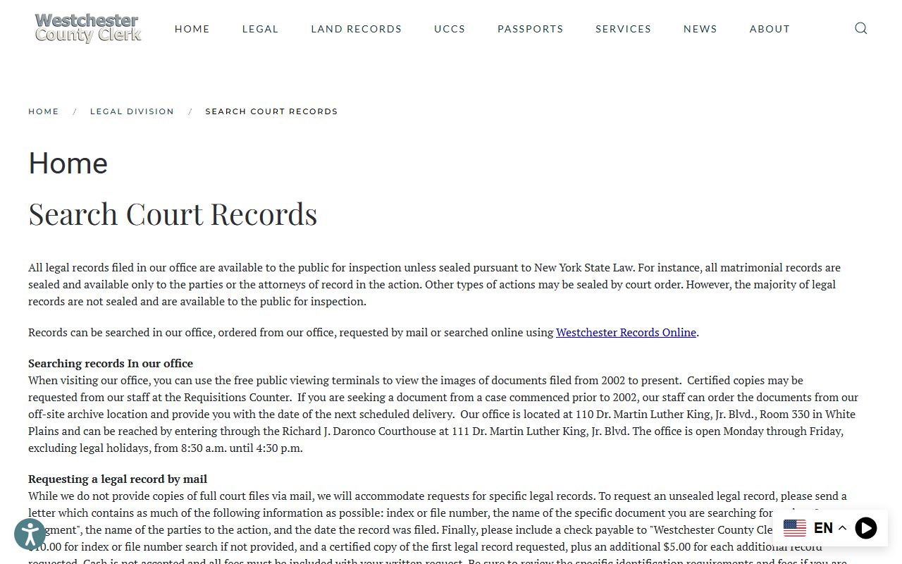 Westchester County Clerk search court records page for court records