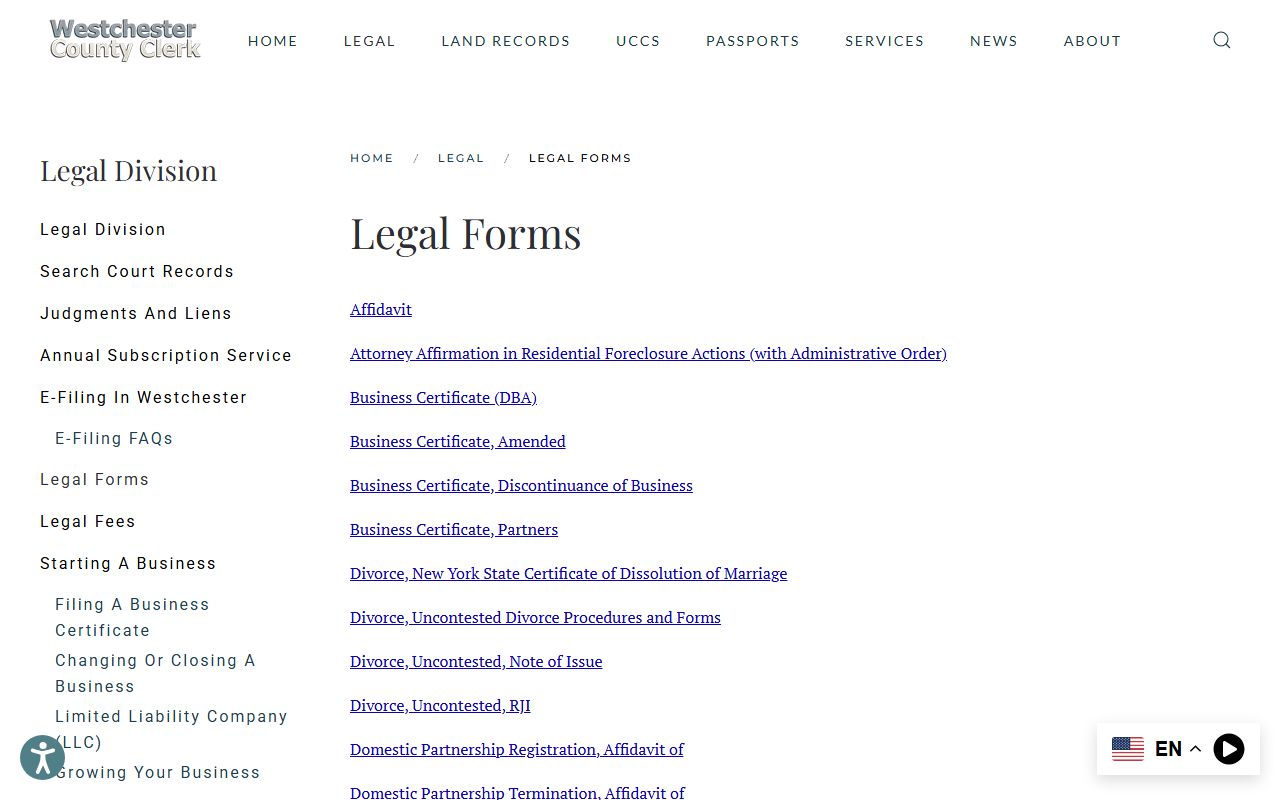 Westchester County Clerk legal forms page for court records