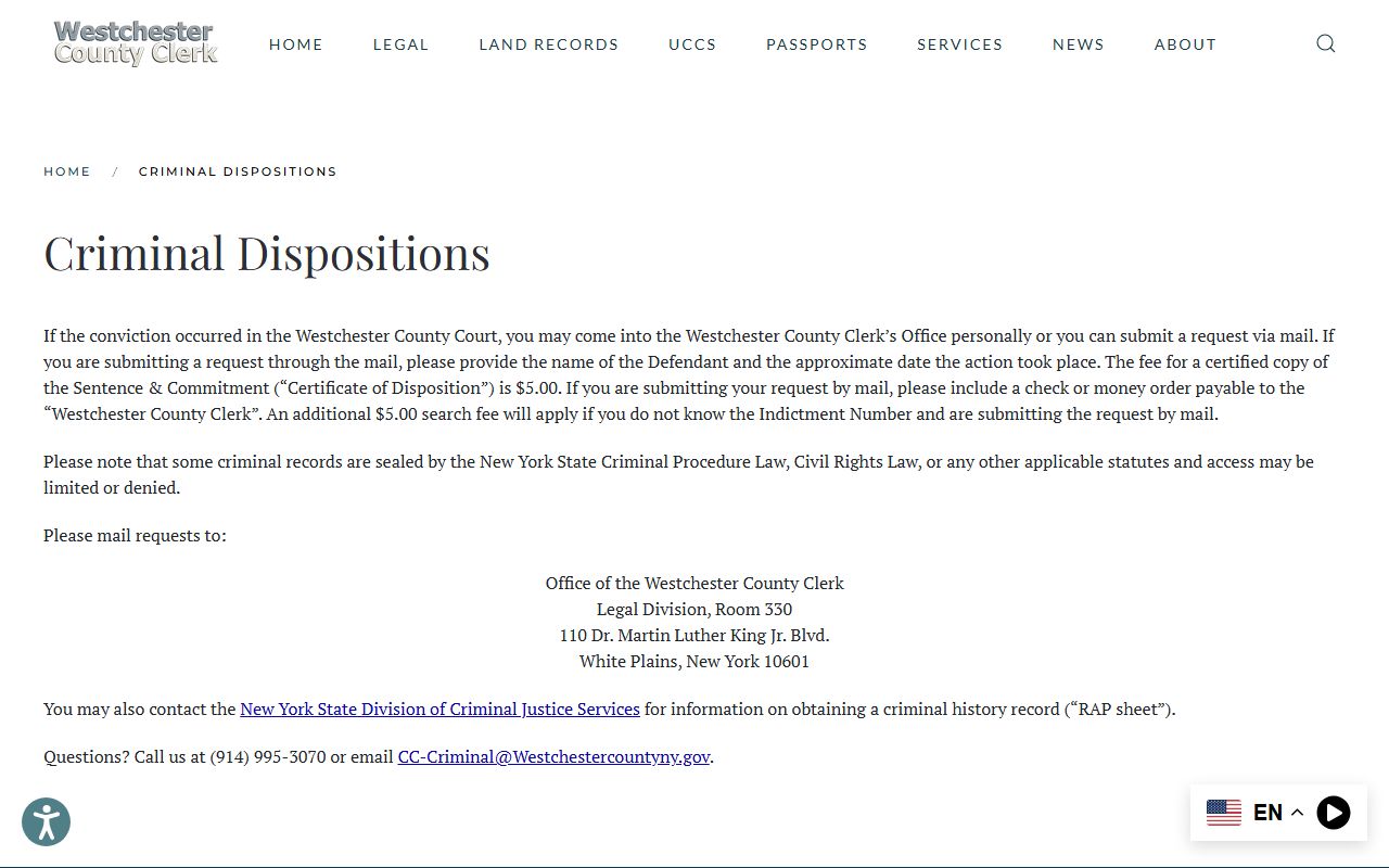 Westchester County Clerk criminal disposition page for court records