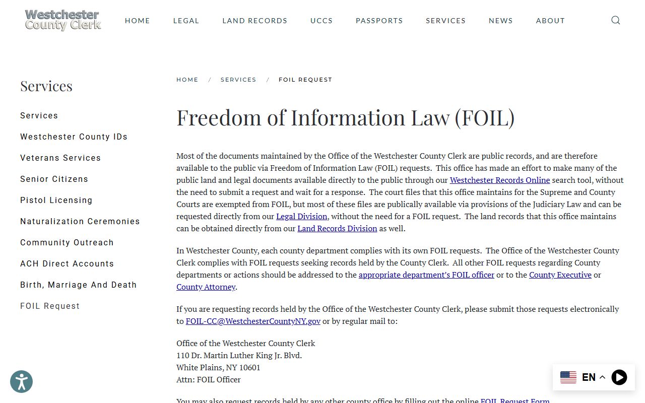 Westchester County public records FOIL request page on the County Clerk site