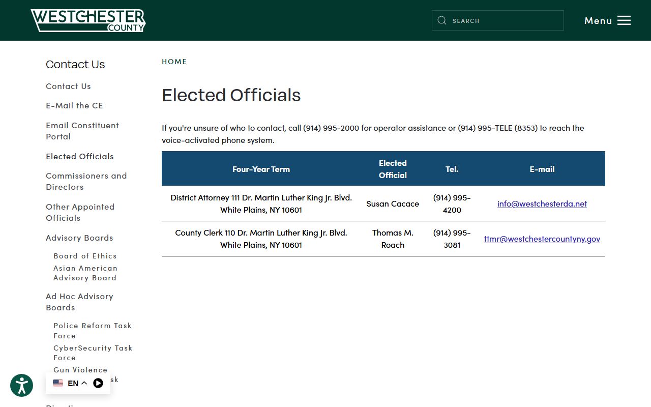 Westchester County public records elected officials directory page
