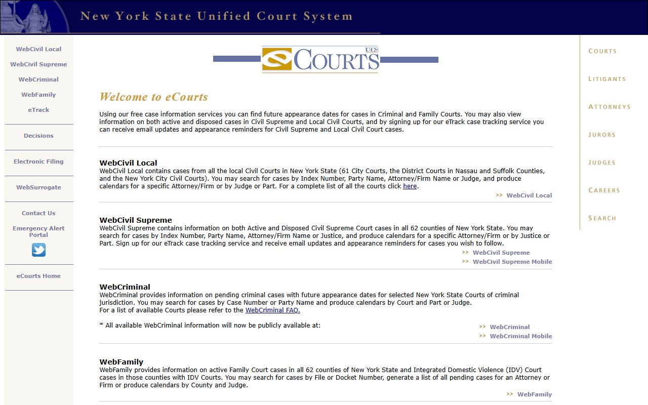 Westchester County court records search through the official eCourts portal list