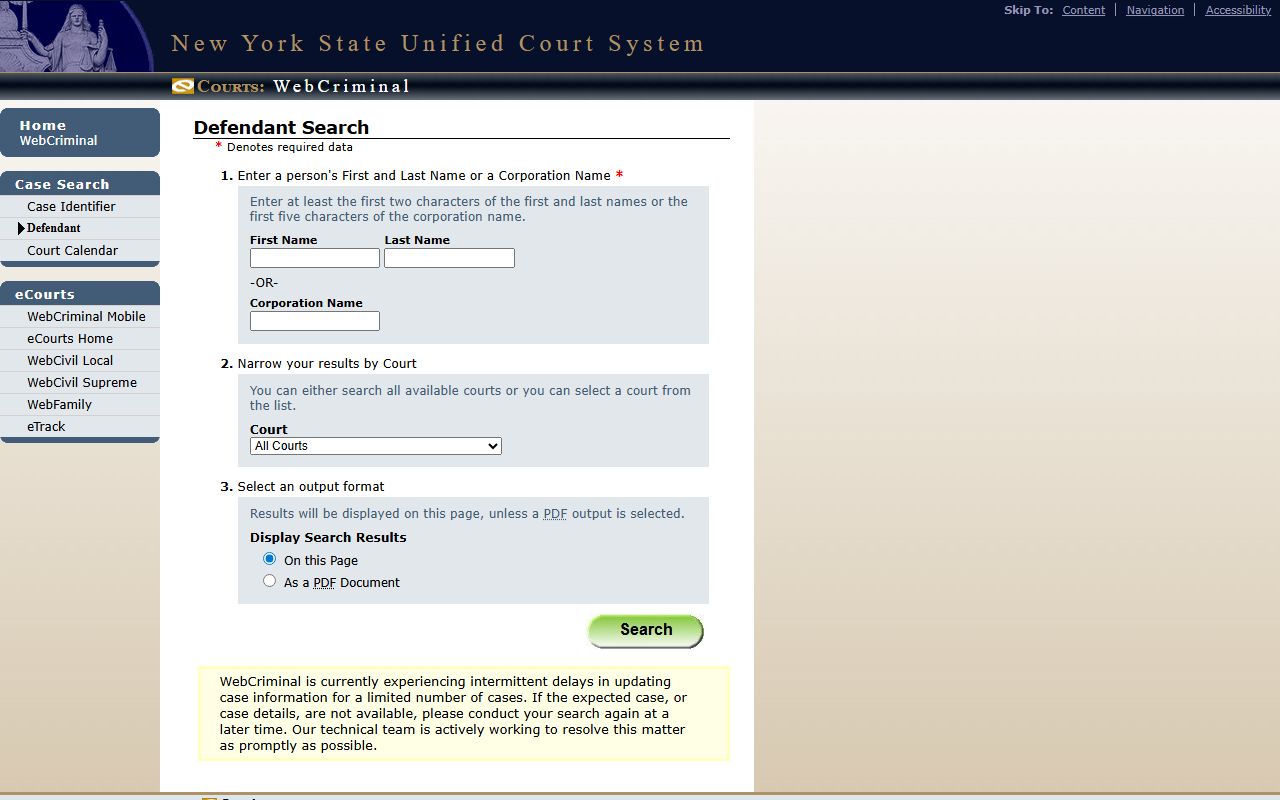 Westchester County court records defendant search on the WebCriminal portal