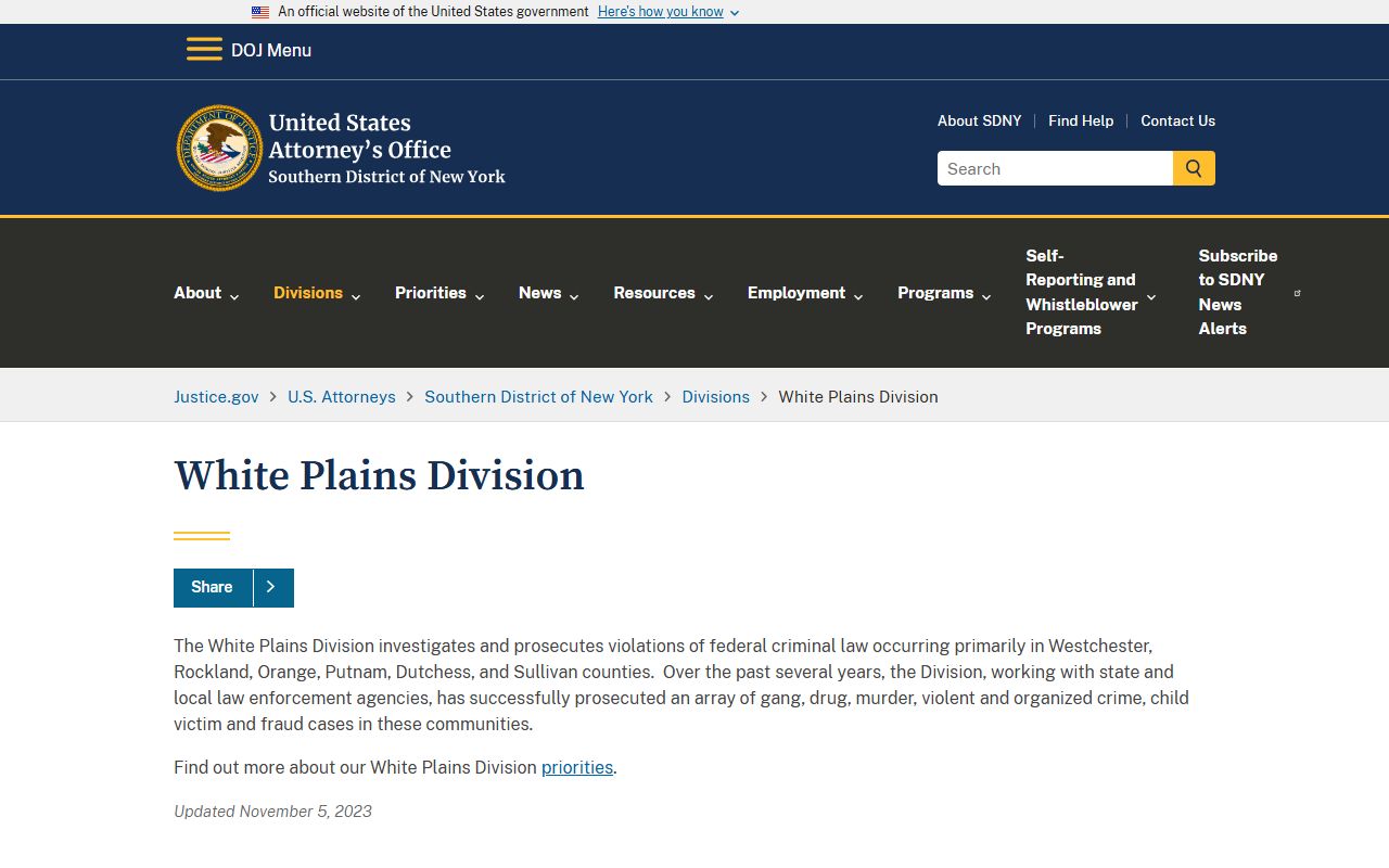 U.S. Attorney White Plains Division serving Westchester County alongside the Supreme Court