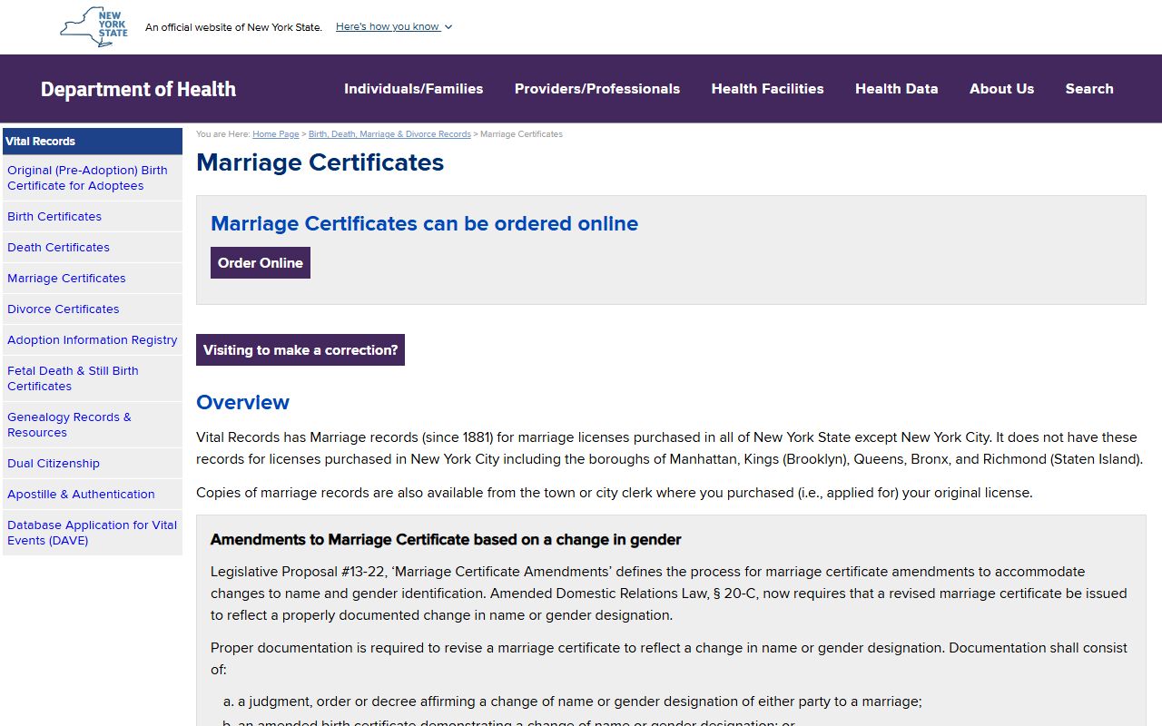 Westchester County marriage records ordering page on the official New York State Department of Health site