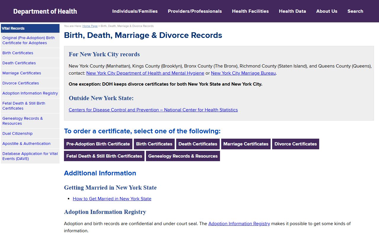 Westchester County marriage and divorce records on the official New York State Department of Health vital records hub