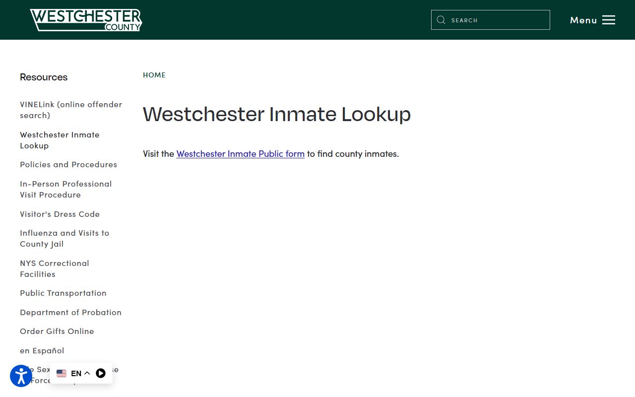 Westchester County inmate search lookup page on the official jail site