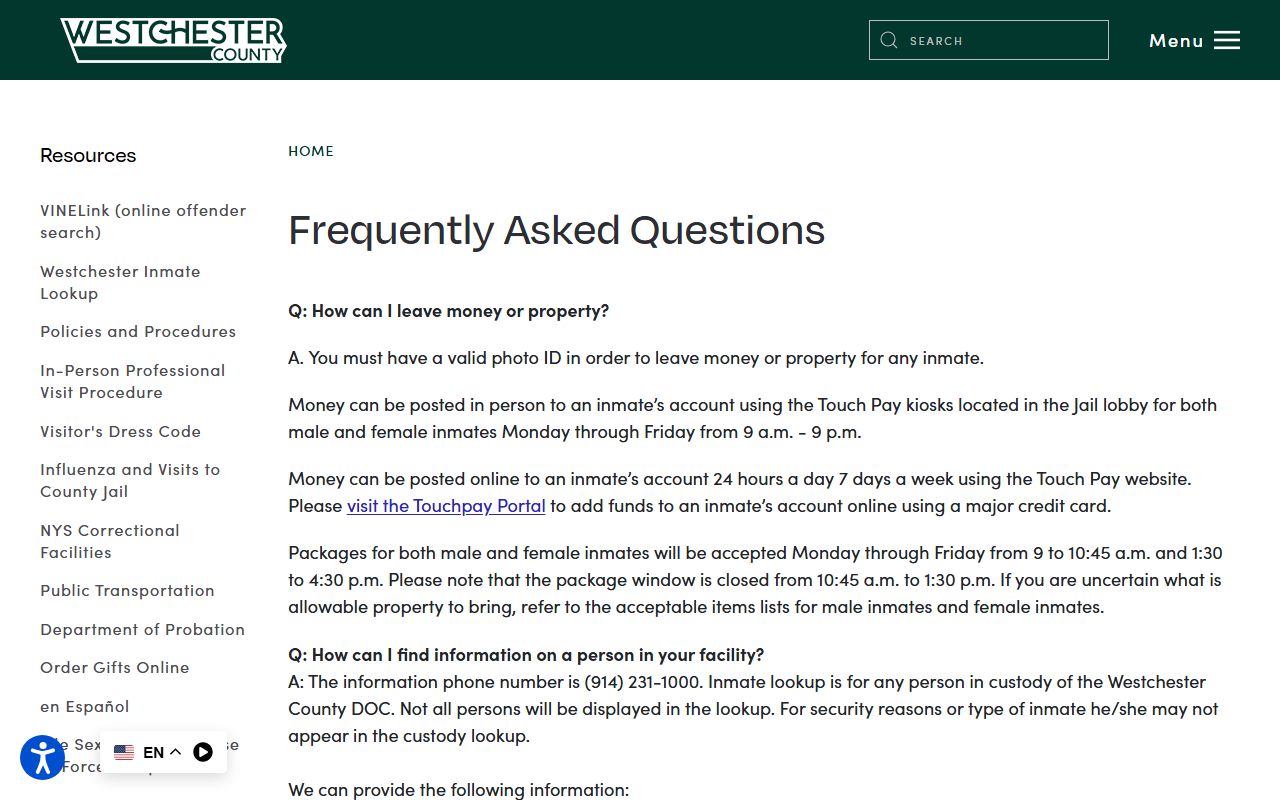 Westchester County jail population and custody information FAQ from the Department of Correction