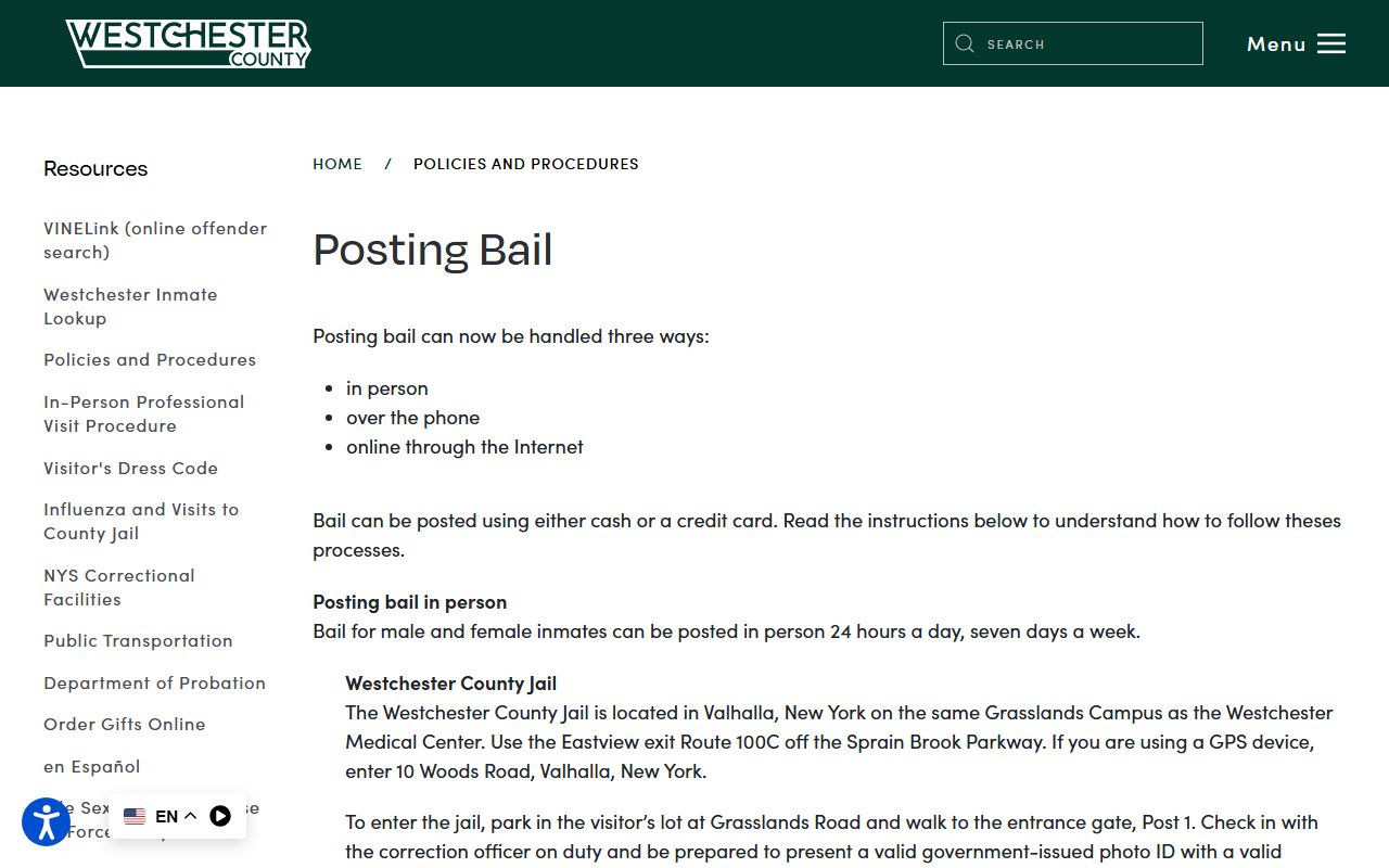 Westchester County jail bail posting policy on the official inmate site