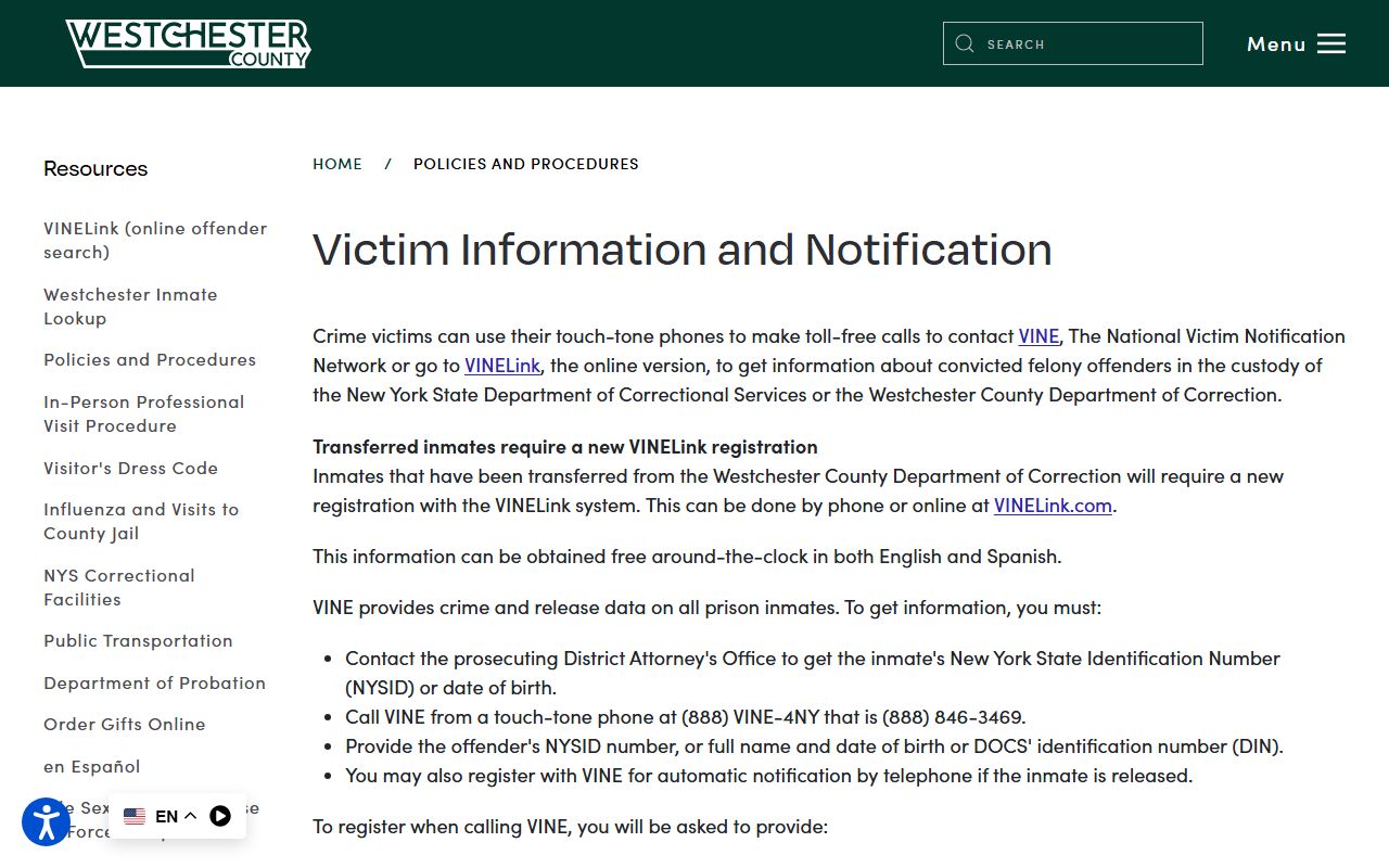 Westchester County VINE notification page for released inmates