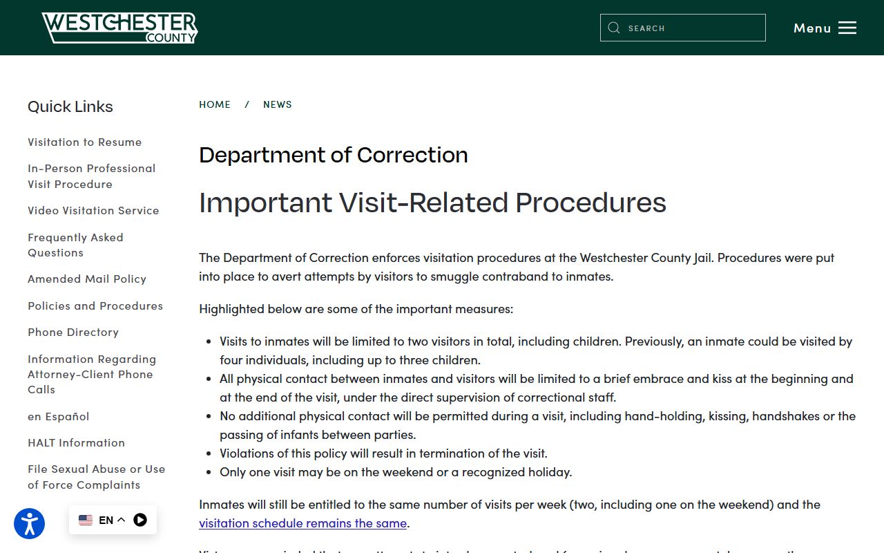 Westchester County jail visitation procedures on the official inmate site