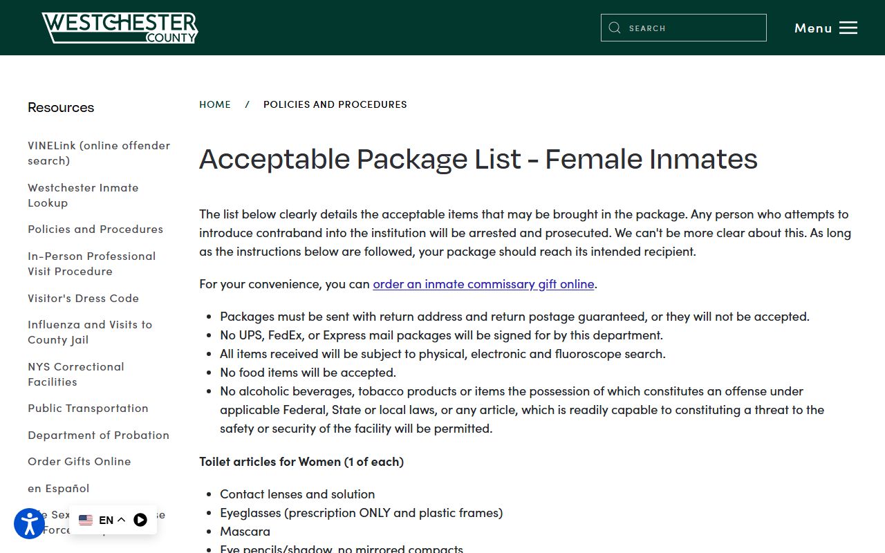 Westchester County jail acceptable package list for inmates