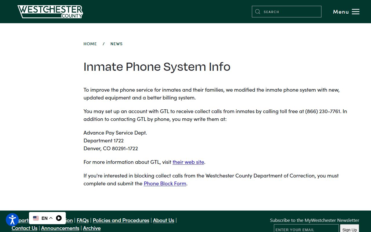 Westchester County jail inmate phone system page on the official site