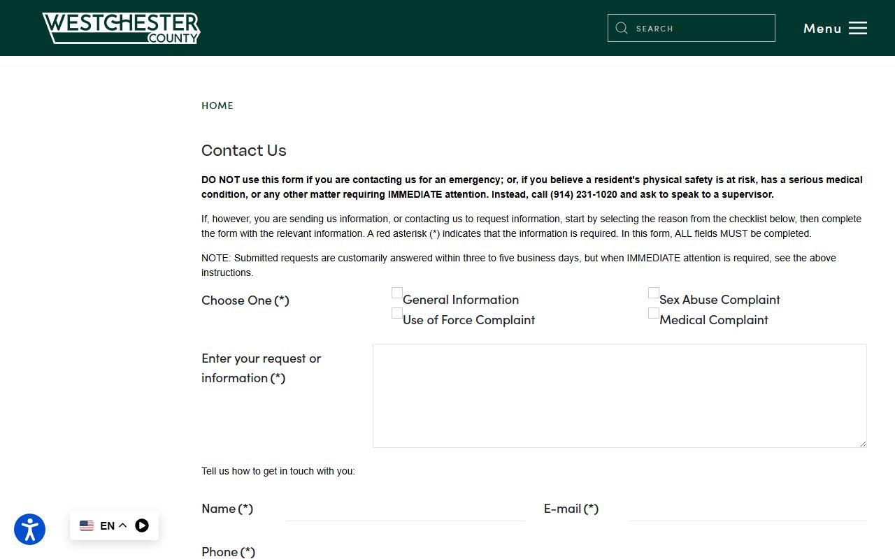 Westchester County Department of Correction inmate contact form