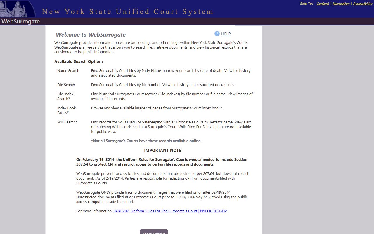 Westchester County Surrogate's Court records search on the WebSurrogate site